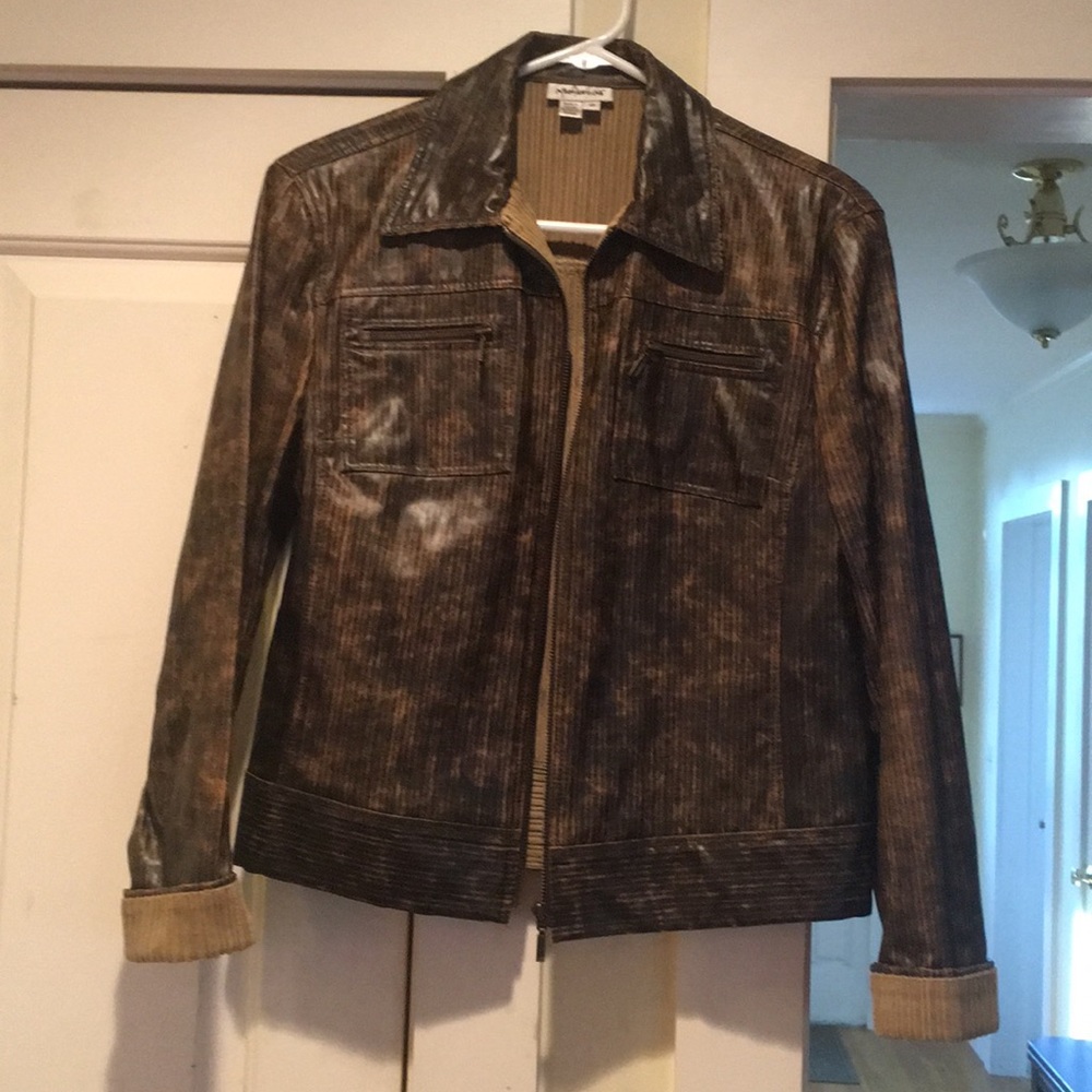 distressed brown “pleather” jacket, cord lining